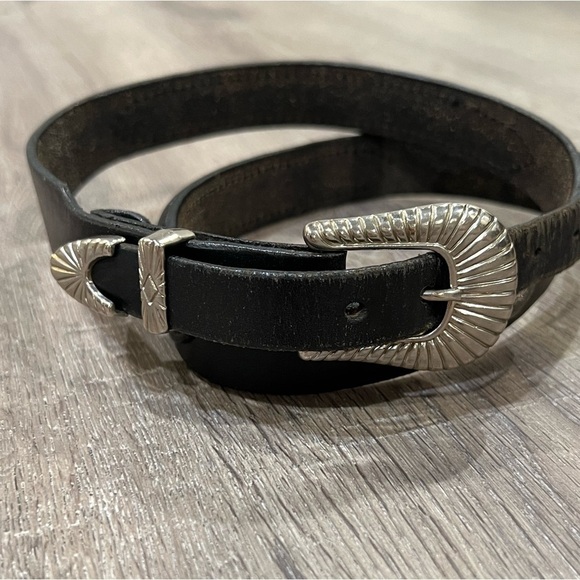 Handmade Colorado Leather Goods 36W Black Belt Silver Buckle Beaded Accent Belt - Picture 3 of 9
